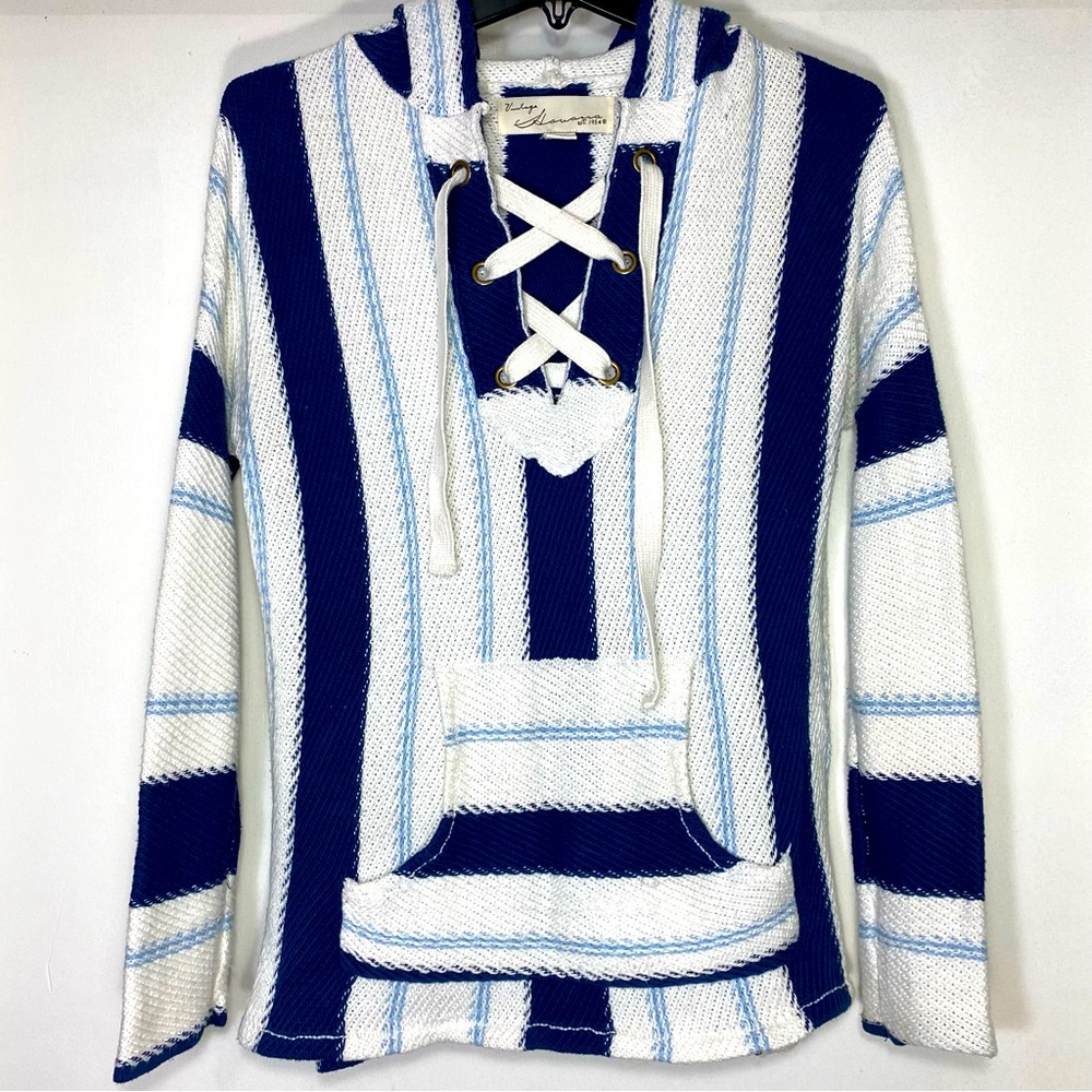 Vintage Havana Boho White Blue Striped Hooded Pullover Women’s Sweaters, S